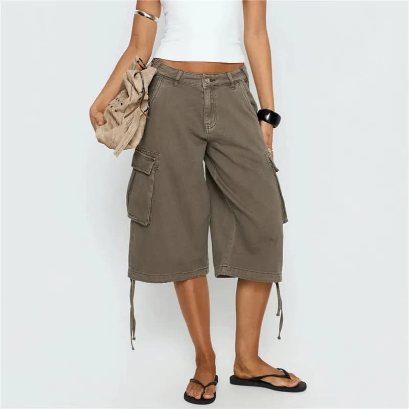 Women Y2K Cargo Bermuda Shorts Low Waist Drawstring Hem Loose Fit Multi Pocket Aesthetic Camouflage Denim Shorts Streetwear