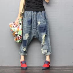 TIYIHAILEY Ankle Length Pants for Women, Denim Trousers, Elastic Waist, Casual Patchwork 3/4 Pants with Holes New Fashion 2026