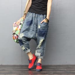 TIYIHAILEY Ankle Length Pants for Women, Denim Trousers, Elastic Waist, Casual Patchwork 3/4 Pants with Holes New Fashion 2026