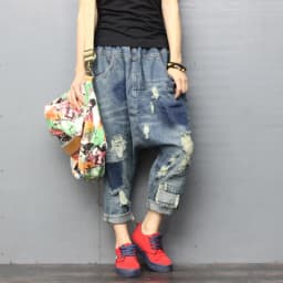 TIYIHAILEY Ankle Length Pants for Women, Denim Trousers, Elastic Waist, Casual Patchwork 3/4 Pants with Holes New Fashion 2026