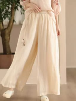 Johnature Women Vintage Ramie Wide Leg Pants Solid Color 2025 Summer New Elastic Waist Trousers Loose Casual Pants