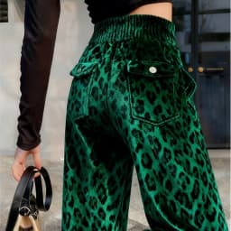 Limiguyue Green Leopard Velvet Pants Pocket Women High End Ankle-Length Trousers Slim Waist Casual New Straight Pant Winter 924A