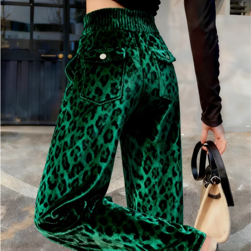 Limiguyue Green Leopard Velvet Pants Pocket Women High End Ankle-Length Trousers Slim Waist Casual New Straight Pant Winter 924A