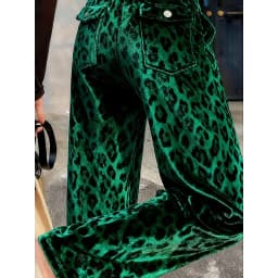 Limiguyue Green Leopard Velvet Pants Pocket Women High End Ankle-Length Trousers Slim Waist Casual New Straight Pant Winter 924A