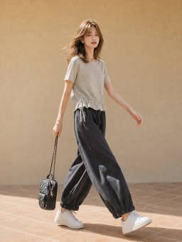 XIAOGULI Women Elastic Waist Loose Fit Ankle Jogger Pants Floral Ruffle Trim Quick-Dry Lightweight Korean Style Daily Outfit
