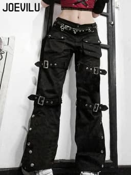 Metal Button High Waisted Straight Leg Jeans Drop Crotch Trousers Streetwear Hip Hop Fashion Y2K Cargo Denim Pants for Women