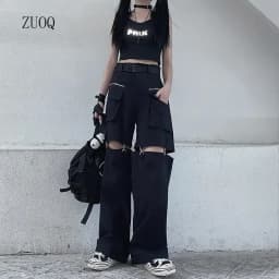 New 2025 Streetwear Black Pants for Women Fashion High Waist Detachable Streetweart Cargo Pants Woman
