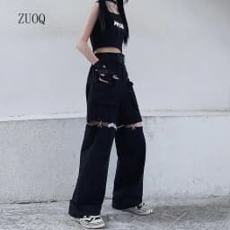 New 2025 Streetwear Black Pants for Women Fashion High Waist Detachable Streetweart Cargo Pants Woman
