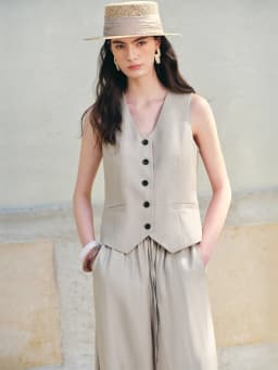 ZIQIAO Women Old Money Style Waist Cinched Vest & Wide Leg Pants Set Elastic High Waist Skirted Trousers Casual Two-Piece Outfit