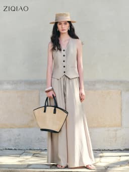 ZIQIAO Women Old Money Style Waist Cinched Vest & Wide Leg Pants Set Elastic High Waist Skirted Trousers Casual Two-Piece Outfit