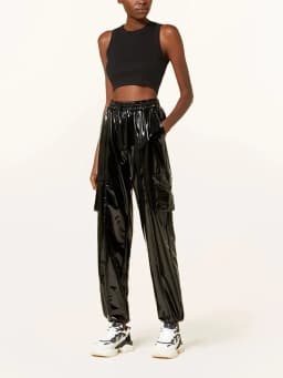 Casual High Waist Faux Latex Cargo Pants Women Shiny Patent Leather Drawstring Elastic Waistband Bloomers PU Sweatpants Custom