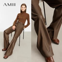 AMII Minimalist PU Leather Pants for Women 2026 Autumn Loose Clothing Wide Leg Pants Slit Fashion Office Lady Trousers 12343250
