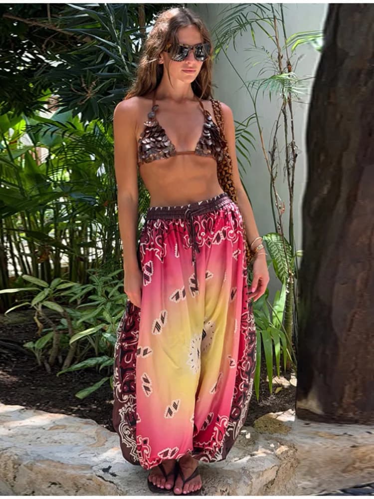 2026 Summer Gradient Contrast Print Harem Pants Oversize Baggy Elastic Waist Boho Trousers Women New Trendy Classy Lady Bottoms