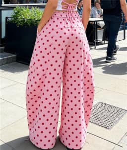 Women Retro Polka Dot Print High Waist Barrel Leg Pants Drawstring Hem Wide Leg Trousers With Pockets Y2K Casual Streetwear