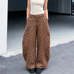 Women Retro Polka Dot Print High Waist Barrel Leg Pants Drawstring Hem Wide Leg Trousers With Pockets Y2K Casual Streetwear