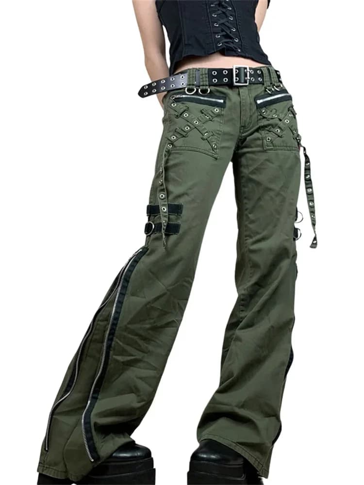 Women Chain Buckle Cargo Pants Dark Academia Hip Hop Punk Gothic Grunge Y2K Trousers Low Waist Straight Long Pants With Pockets