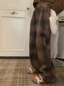 Faux Woolen Warm Plaid Pants Women Vintage Harajuku High Waist Wide Leg Trousers Streetwear Retro Loose Casual Fall Winter Pant