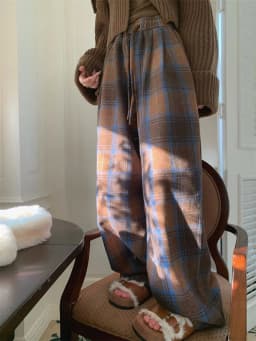 Faux Woolen Warm Plaid Pants Women Vintage Harajuku High Waist Wide Leg Trousers Streetwear Retro Loose Casual Fall Winter Pant
