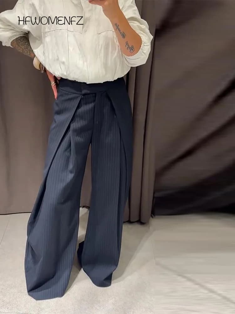 Casual Striped Loose Pants Women High Waist Pleated Straight Long Wide Leg Trousers Female 2026 Autumn Fashion Lady Bottoms