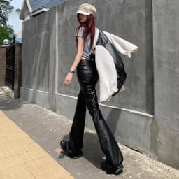 High Waist Woman Trousers Sexy Black PU Leather Flare Pants For Women Vintage Harajuku Elastic One Size Clothing Elegant Sale G