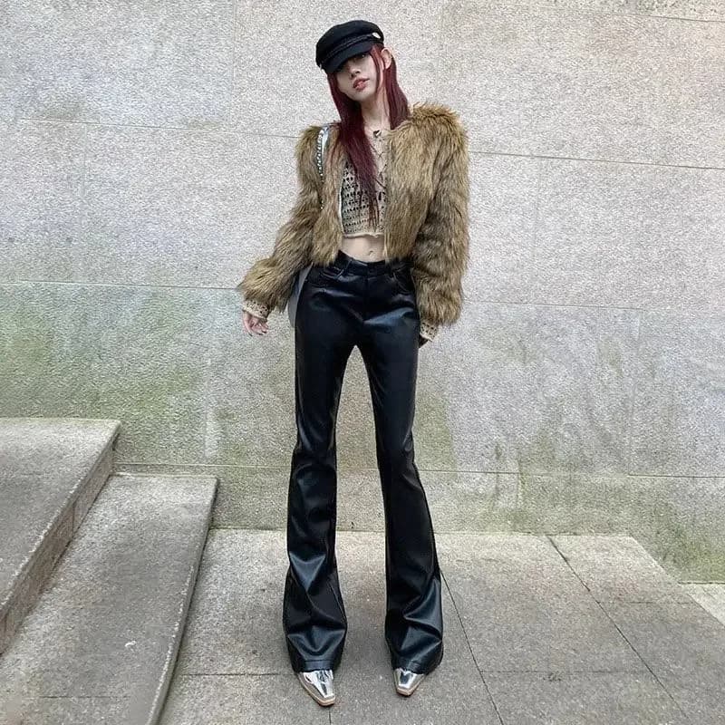 High Waist Woman Trousers Sexy Black PU Leather Flare Pants For Women Vintage Harajuku Elastic One Size Clothing Elegant Sale G