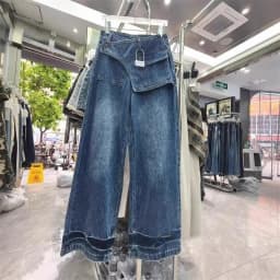 Korean Style Fashion Vintage Washed Denim Pants High Waist Irregular Jeans for Women Loose All-match Wide Leg Trousers