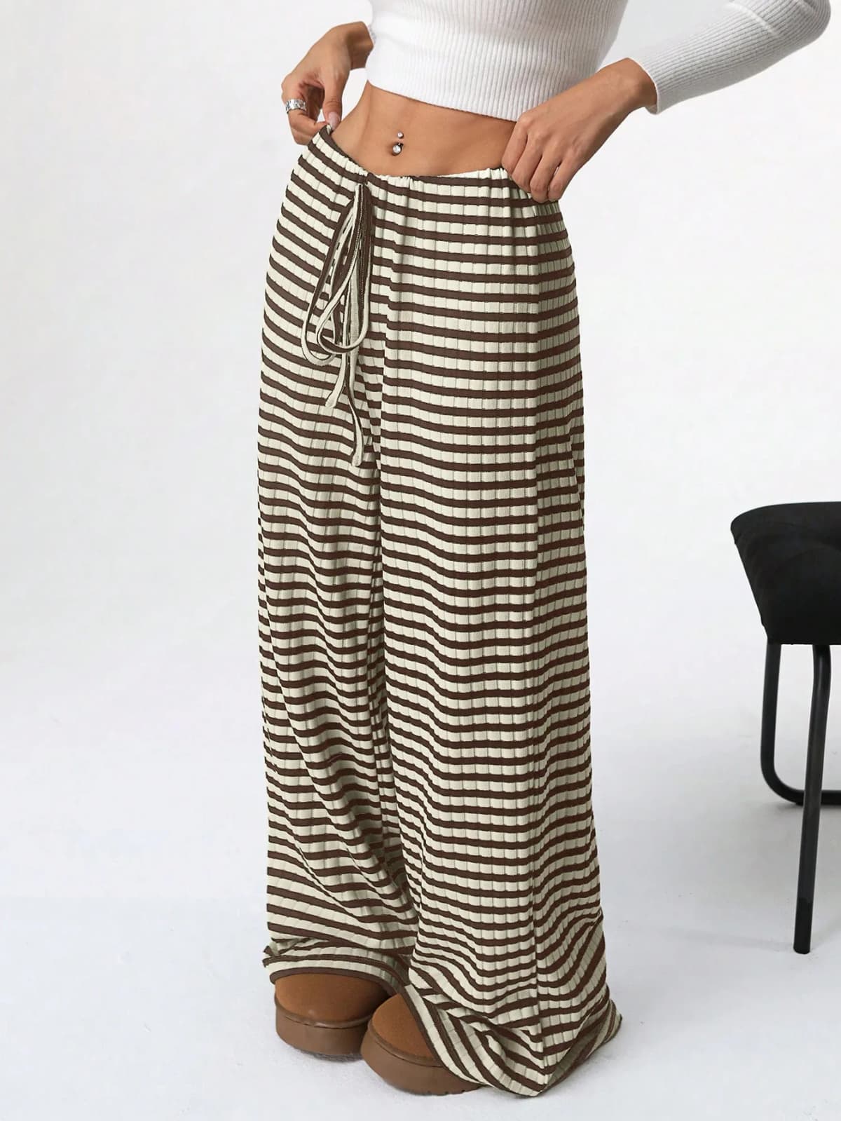 2025 Autumn and Winter Women's New Casual Striped Solid Color Loose Wide Leg Straight Leg Pants