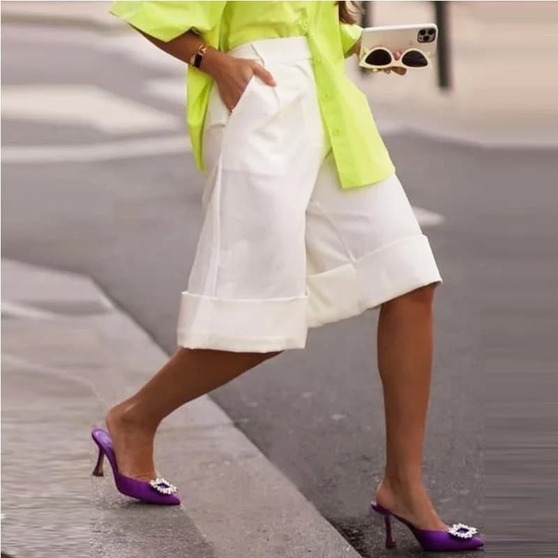 Kristargirls Women’s Wide Leg Pants & Capris for Summer 2025 Loose Casual Knee Length White Shorts Trousers Bottoms for Female