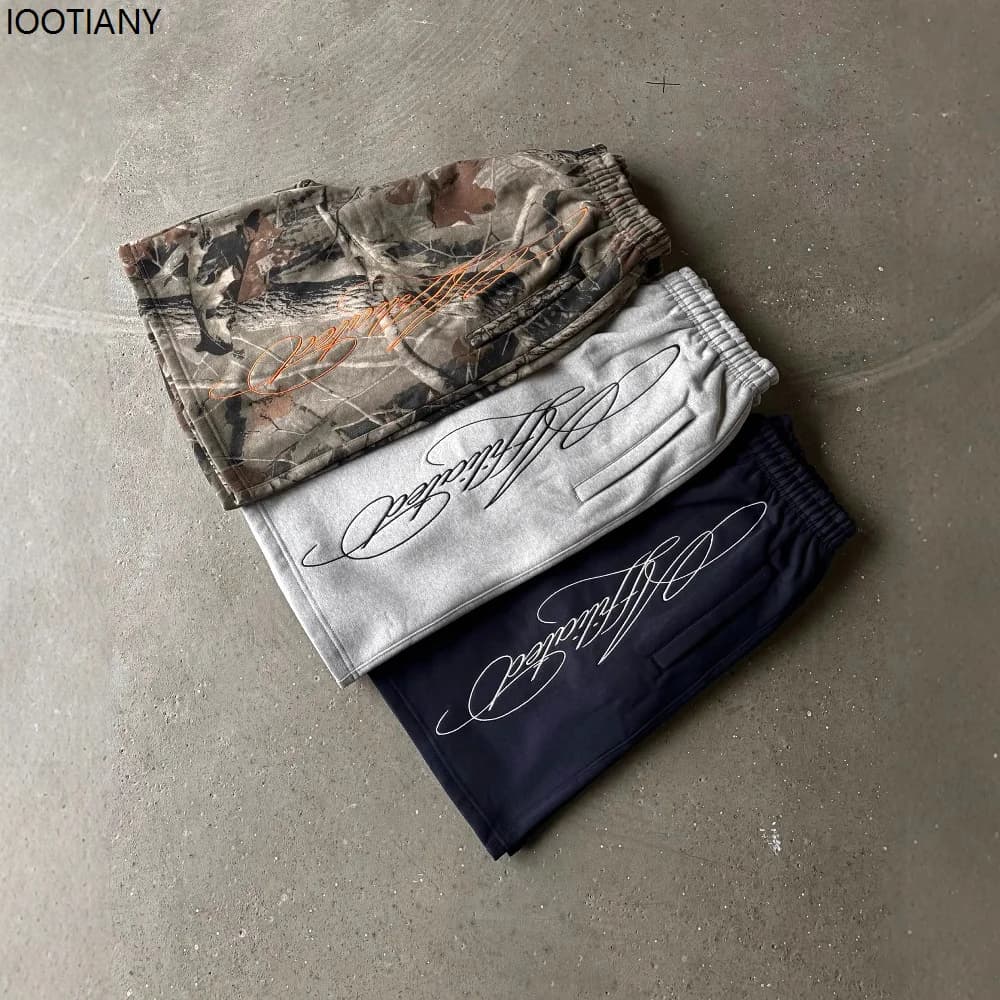 Stretch Letter Print Shorts Pocket Zipper Jogging American Retro Wide Leg Sweatpants Loose Hip Hop Streetwear Summer Sweatpants