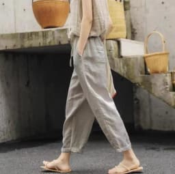 Women Fashion Embroidered Lace Trousers Vintage Lace-Up Pockets Pants Summer Elegant Loose Elastic Waist Long Pants Streetwears