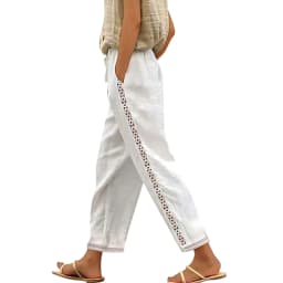 Women Fashion Embroidered Lace Trousers Vintage Lace-Up Pockets Pants Summer Elegant Loose Elastic Waist Long Pants Streetwears