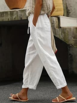 Women Fashion Embroidered Lace Trousers Vintage Lace-Up Pockets Pants Summer Elegant Loose Elastic Waist Long Pants Streetwears