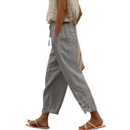 Women Fashion Embroidered Lace Trousers Vintage Lace-Up Pockets Pants Summer Elegant Loose Elastic Waist Long Pants Streetwears