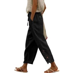 Women Fashion Embroidered Lace Trousers Vintage Lace-Up Pockets Pants Summer Elegant Loose Elastic Waist Long Pants Streetwears