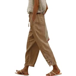 Women Fashion Embroidered Lace Trousers Vintage Lace-Up Pockets Pants Summer Elegant Loose Elastic Waist Long Pants Streetwears