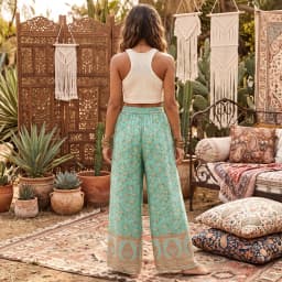 Vintage Chic Women Green Floral Print Bohemian Wide Leg Pants Lady Elastic Waist Loose Rayon Boho Long Pants Oversize Trousers