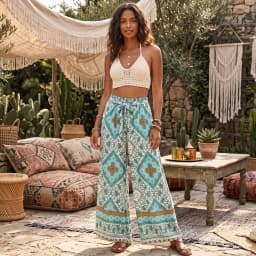 Vintage Chic Women Green Floral Print Bohemian Wide Leg Pants Lady Elastic Waist Loose Rayon Boho Long Pants Oversize Trousers