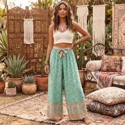 Vintage Chic Women Green Floral Print Bohemian Wide Leg Pants Lady Elastic Waist Loose Rayon Boho Long Pants Oversize Trousers