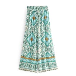 Vintage Chic Women Green Floral Print Bohemian Wide Leg Pants Lady Elastic Waist Loose Rayon Boho Long Pants Oversize Trousers