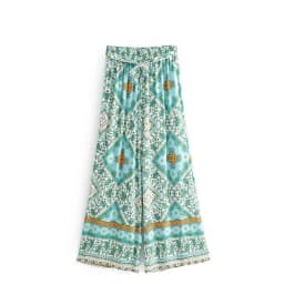 Vintage Chic Women Green Floral Print Bohemian Wide Leg Pants Lady Elastic Waist Loose Rayon Boho Long Pants Oversize Trousers