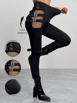 Dressfo 2025 New Women's Pants Solid Color Hollow Out Gothic Pants Square Buckle Strap High Waisted Skinny Long Pencil Pants