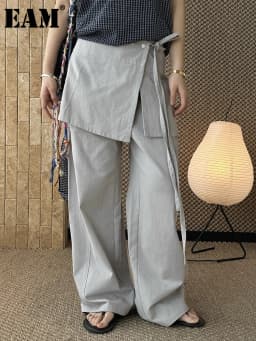[EAM] High Waist Black Irregular Bandage Long Elegant Wide Leg Pants New Trousers Women Fashion Tide Spring Autumn 2026 1DJ6125