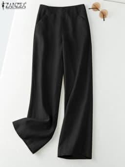 ZANZEA 2026 Spring Summer Cotton Linen Pants Women Long Trousers Wide Leg Plain Holiday Casual Pants Streetwear Fashion Bottoms
