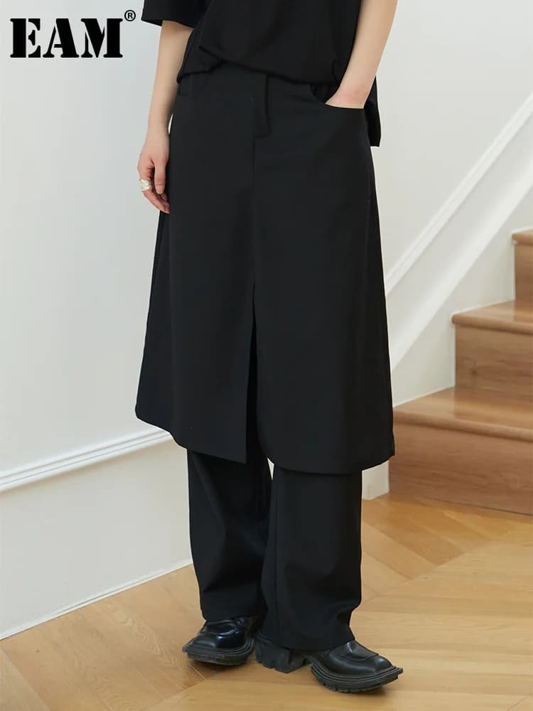 [EAM] High Elastic Waist Black Double Layers Long Wide Leg Pants New Loose Fit Trousers Women Fashion Spring Autumn 2026 1DF3962