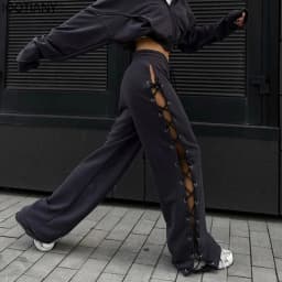 Female Casual Tie Drawstring Pant Hollow Out Bandage Sweatpants Women's Pants Solid High Waist Side Split Loose Straight Trouser