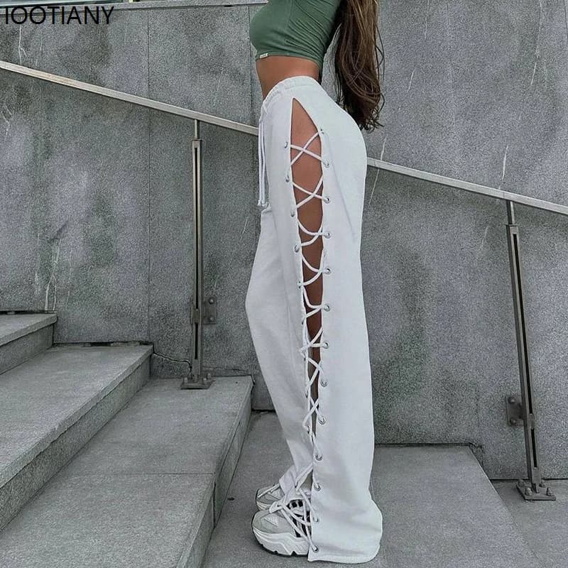 Female Casual Tie Drawstring Pant Hollow Out Bandage Sweatpants Women's Pants Solid High Waist Side Split Loose Straight Trouser