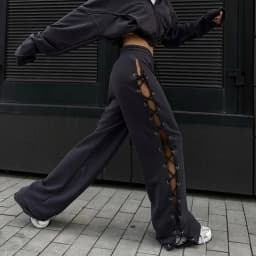 Female Casual Tie Drawstring Pant Hollow Out Bandage Sweatpants Women's Pants Solid High Waist Side Split Loose Straight Trouser