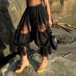 Women Floral Lace Sheer See-through Patchwork Bloomers Casual Loose Drawstring Elastic High Waist Cropped Capri Pants Trousers