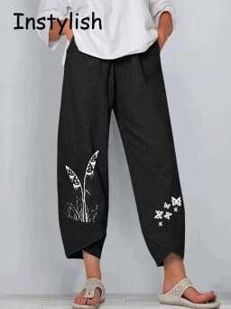 Vintage Cotton and Linen Loose Harem Pants Casual High Waist Wide Leg Trousers Women Harajuku Printed Baggy Pants Oversized