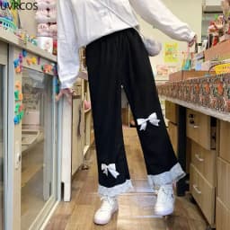 Pink Japanese Sweet Lolita Womens Kawaii High Waist Corduroy Pants Bow Lace Wide Leg Pants Y2k Clothes Casual Loose Cute Trouser